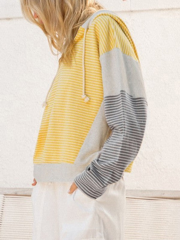 Cotton Stripe V Neck Loose Fit Hooded Pull Over
