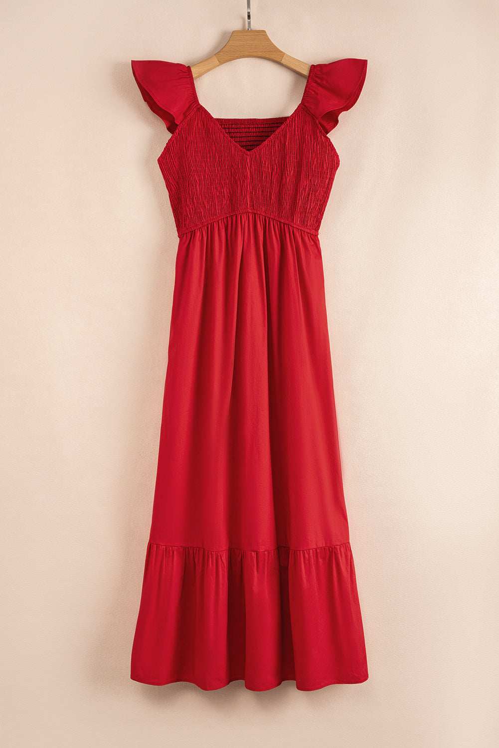 Apricot Pink Maxi Dress with V Neck, Flutter Sleeves, and Smocked Bodice
