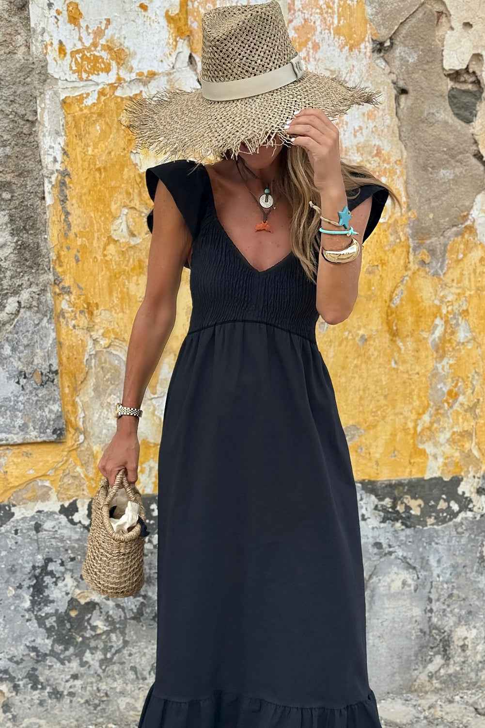 Apricot Pink Maxi Dress with V Neck, Flutter Sleeves, and Smocked Bodice