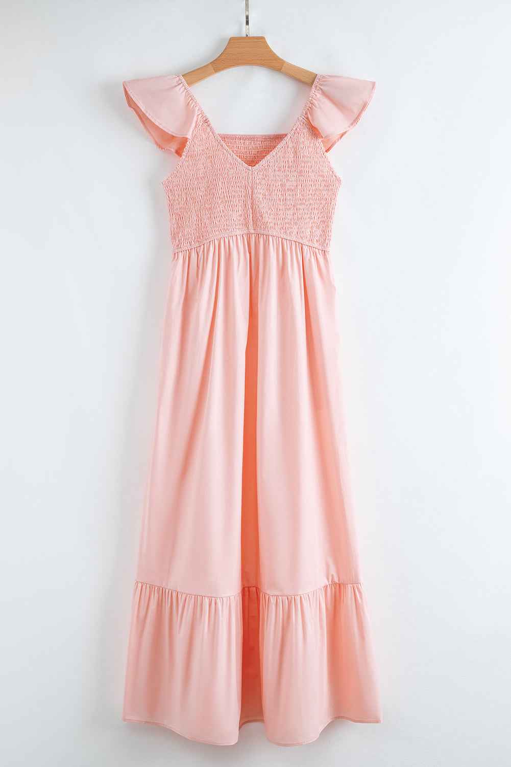 Apricot Pink Maxi Dress with V Neck, Flutter Sleeves, and Smocked Bodice