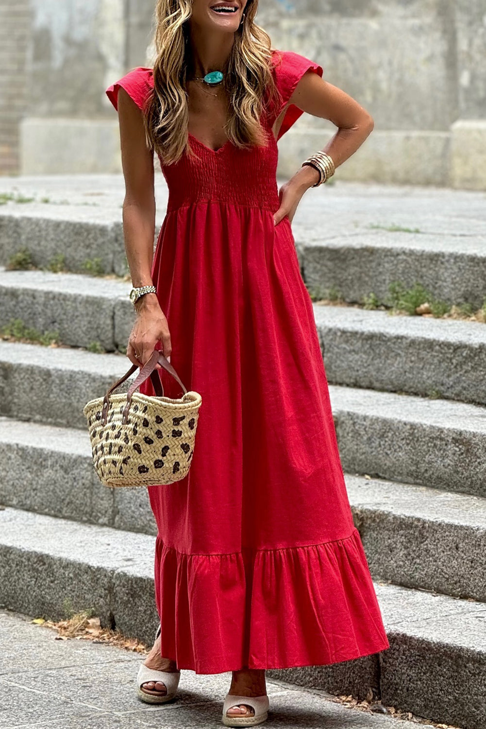 Apricot Pink Maxi Dress with V Neck, Flutter Sleeves, and Smocked Bodice