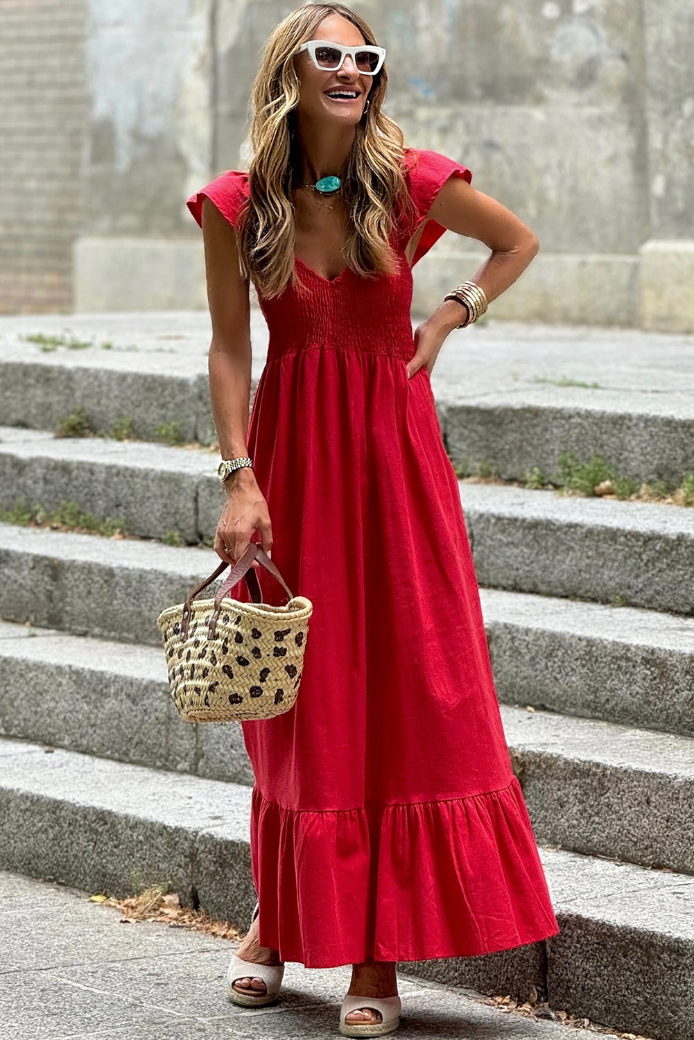 Apricot Pink Maxi Dress with V Neck, Flutter Sleeves, and Smocked Bodice