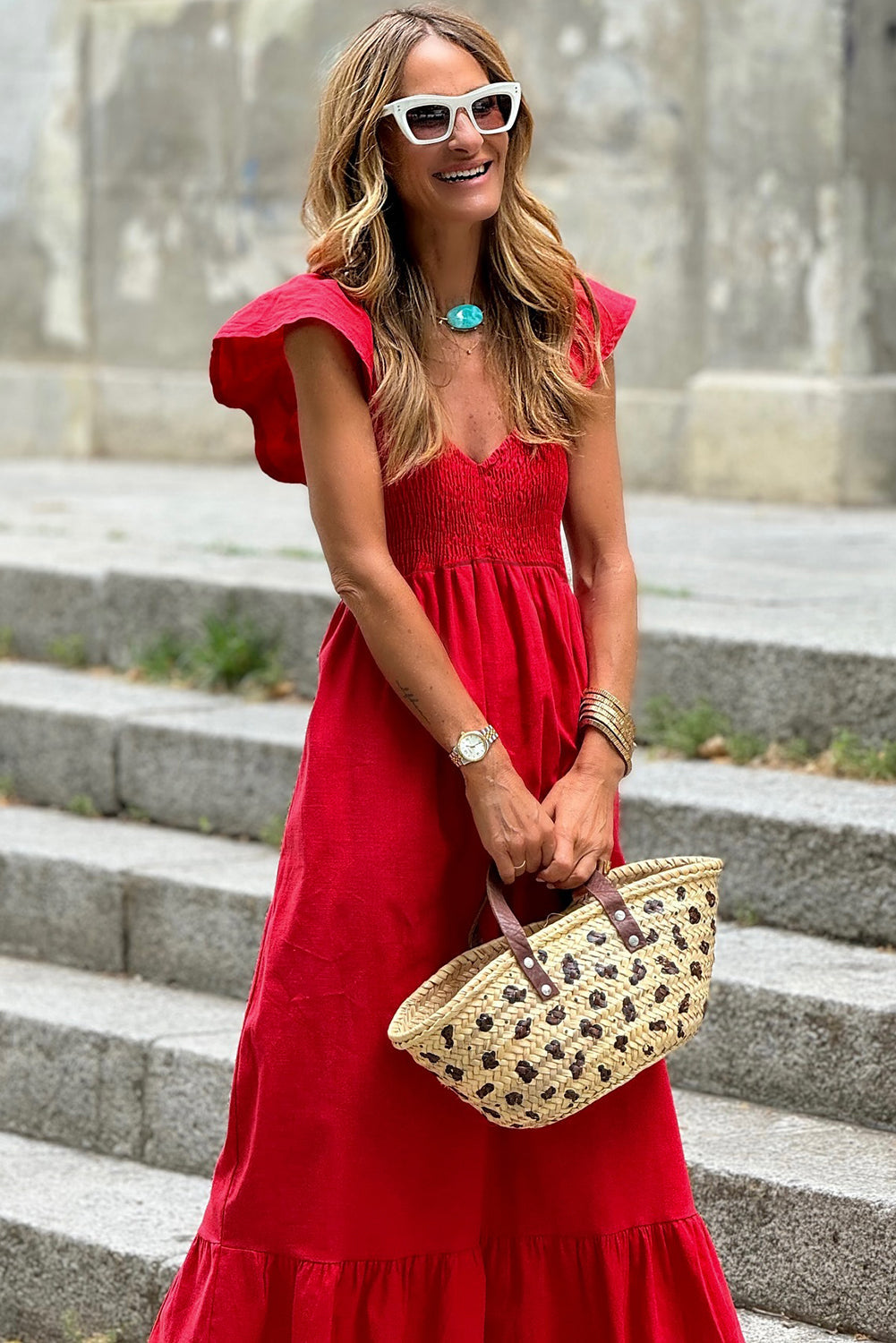 Apricot Pink Maxi Dress with V Neck, Flutter Sleeves, and Smocked Bodice