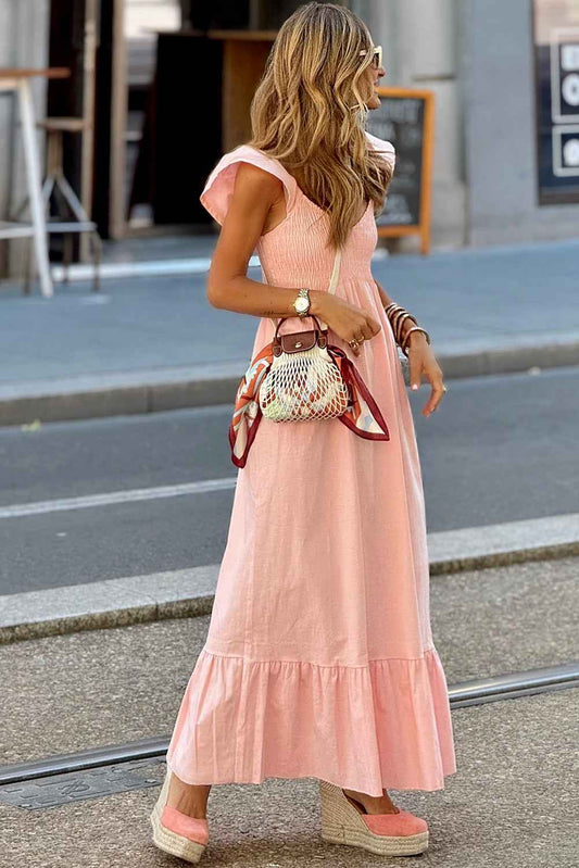 Apricot Pink Maxi Dress with V Neck, Flutter Sleeves, and Smocked Bodice
