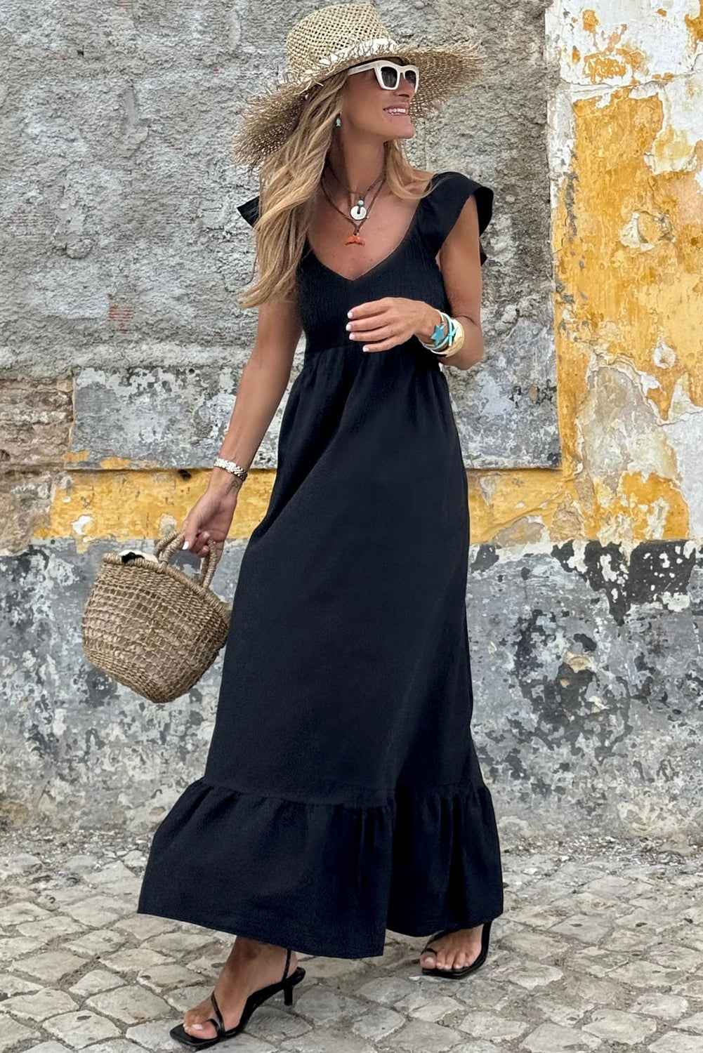 Apricot Pink Maxi Dress with V Neck, Flutter Sleeves, and Smocked Bodice