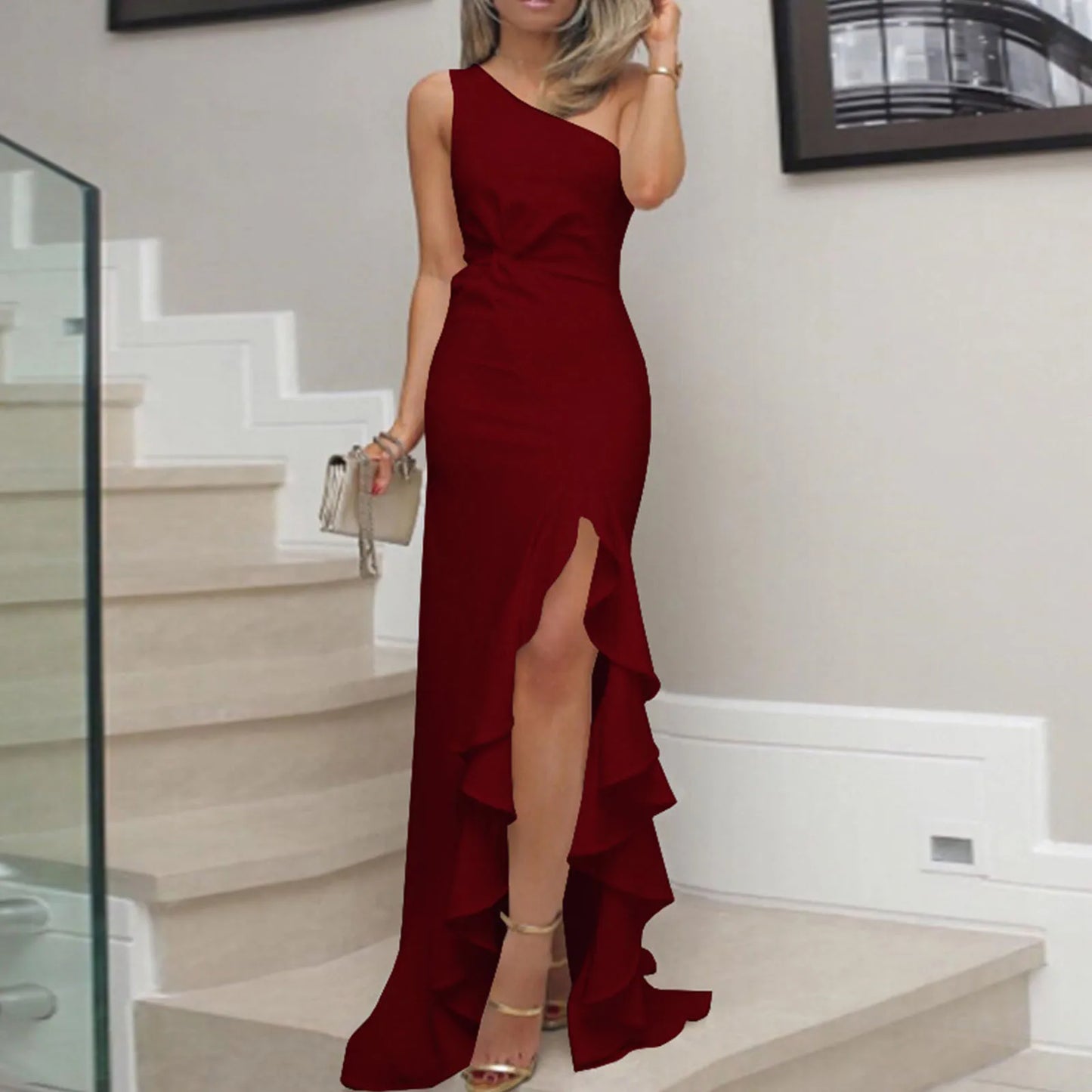 Ladies Sexy Slash Neck Ruched Evening Dresses Women Irregular Ruffles Formal Dress Slim Bodycon Solid Prom Dresses Evening Party