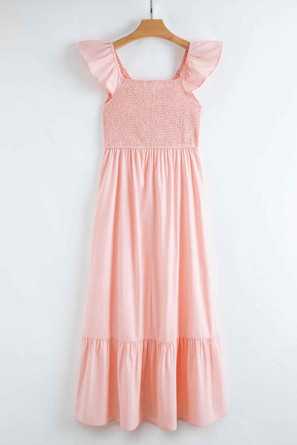 Apricot Pink Maxi Dress with V Neck, Flutter Sleeves, and Smocked Bodice