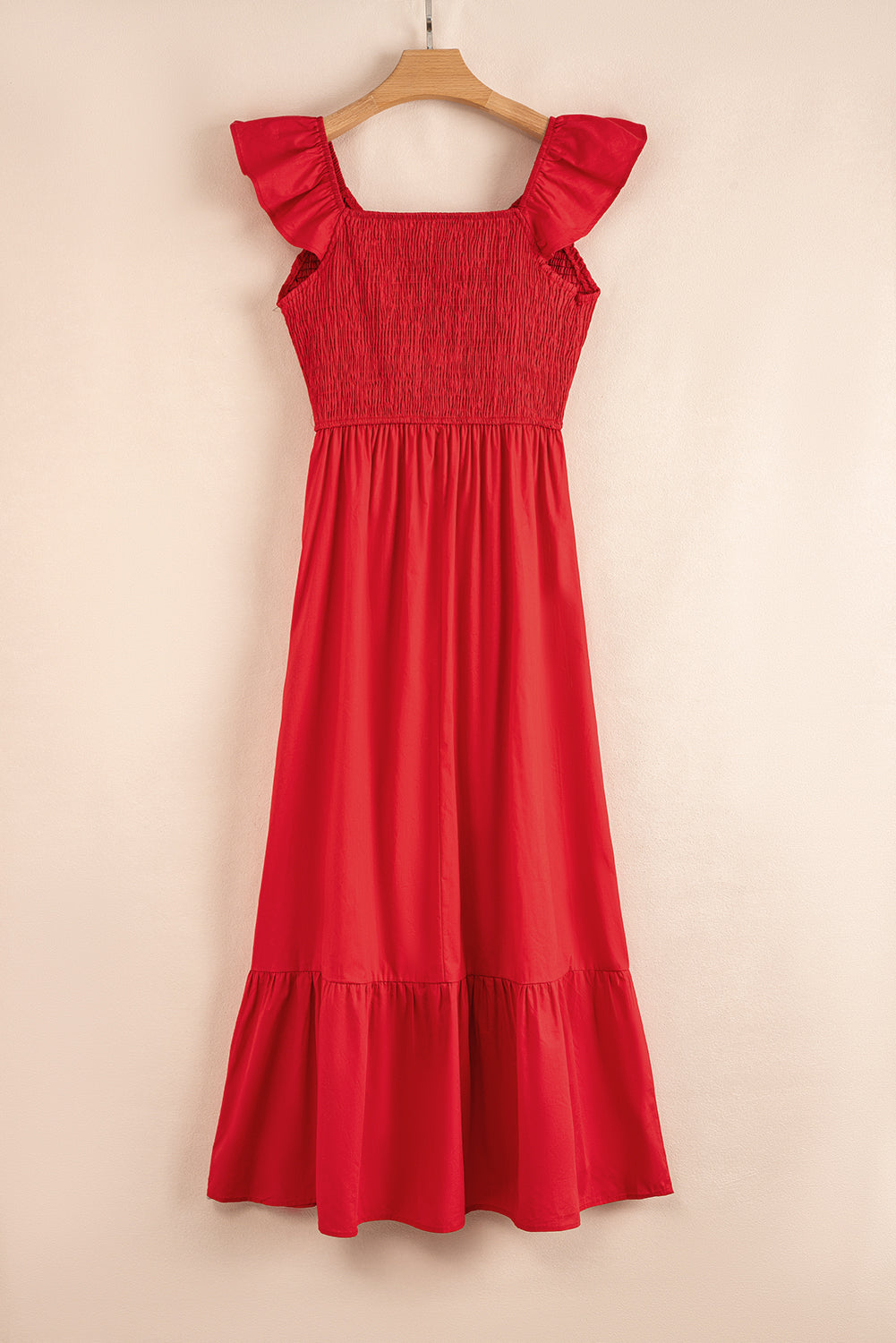 Apricot Pink Maxi Dress with V Neck, Flutter Sleeves, and Smocked Bodice