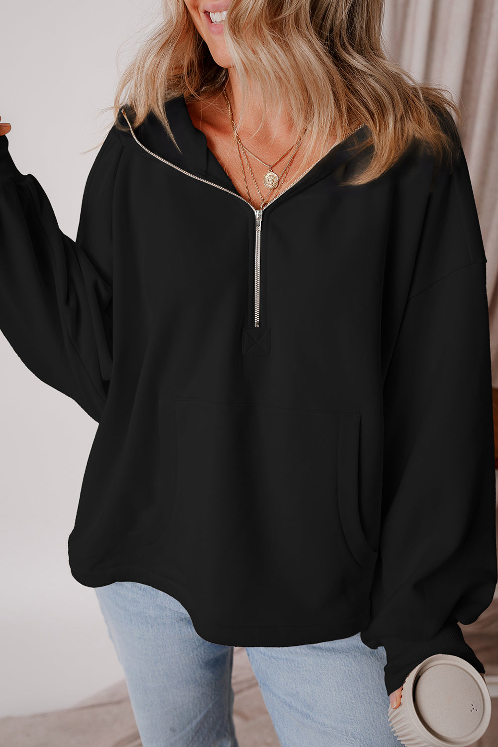 Kate Fleece Lined Half Zipper Kangaroo Pockets Loose Hoodie