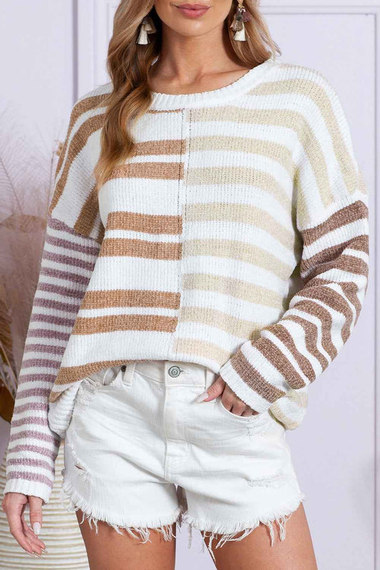 Color Block Drop Shoulder Pullover Striped Sweater Women's Top