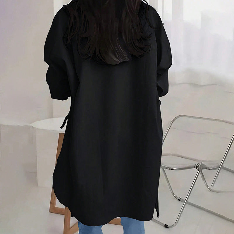 Loose-Fit Long Sleeve Shirt - Side Slit Tie Detail Button-Down Blouse, Solid Color Top