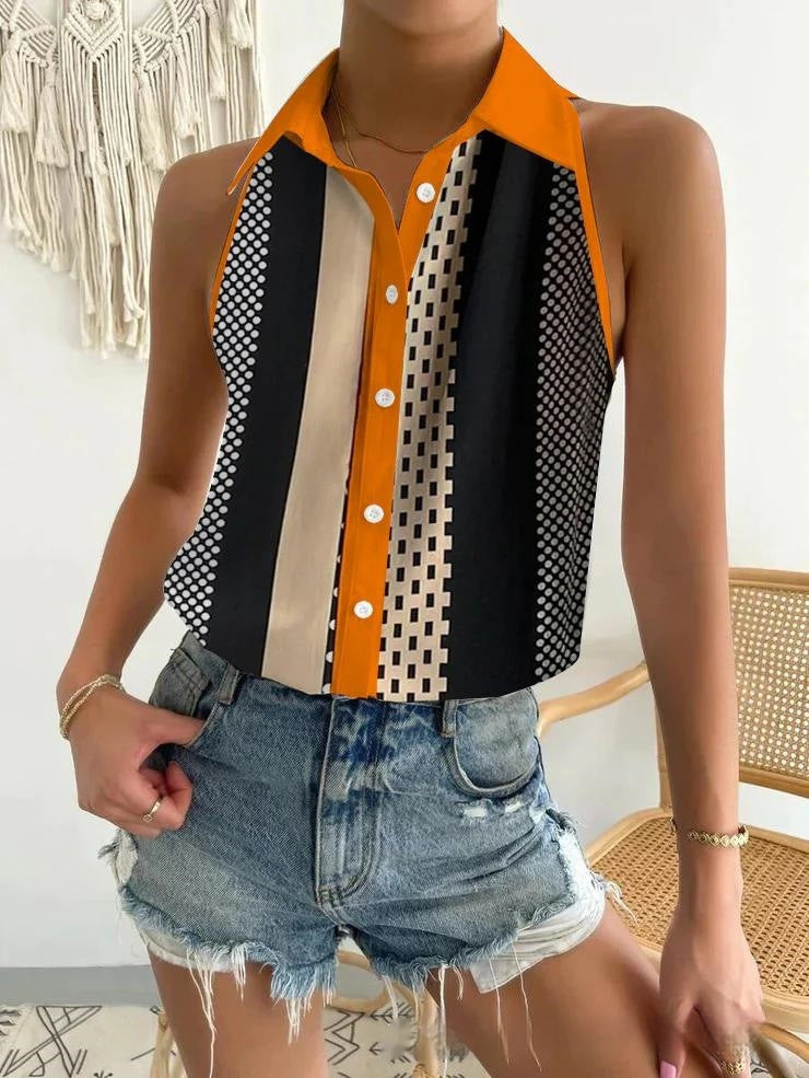 Fold Collar Sleeveless with Collar Women's Blouse