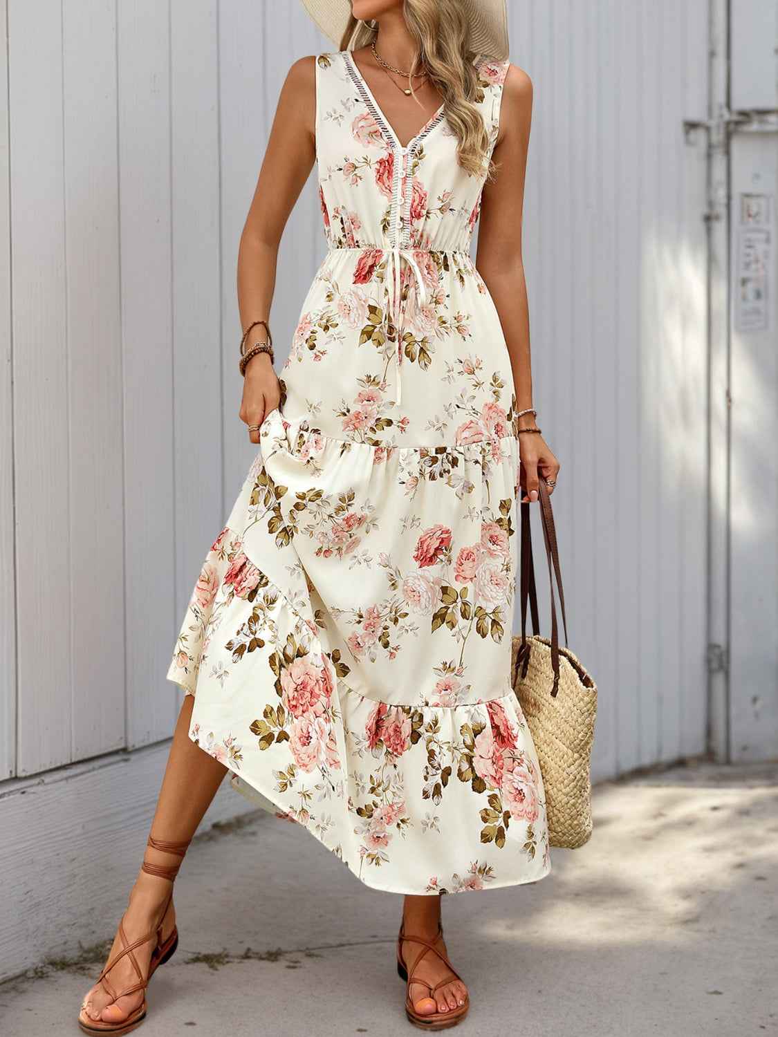 Printed Ruffled Hem Dress - V-Neck Sleeveless Style
