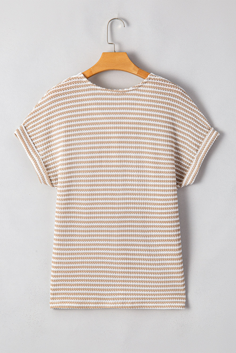 Khaki Striped Button Front V Neck Knitted Women's Top