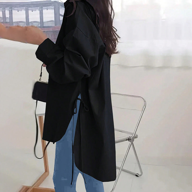 Loose-Fit Long Sleeve Shirt - Side Slit Tie Detail Button-Down Blouse, Solid Color Top