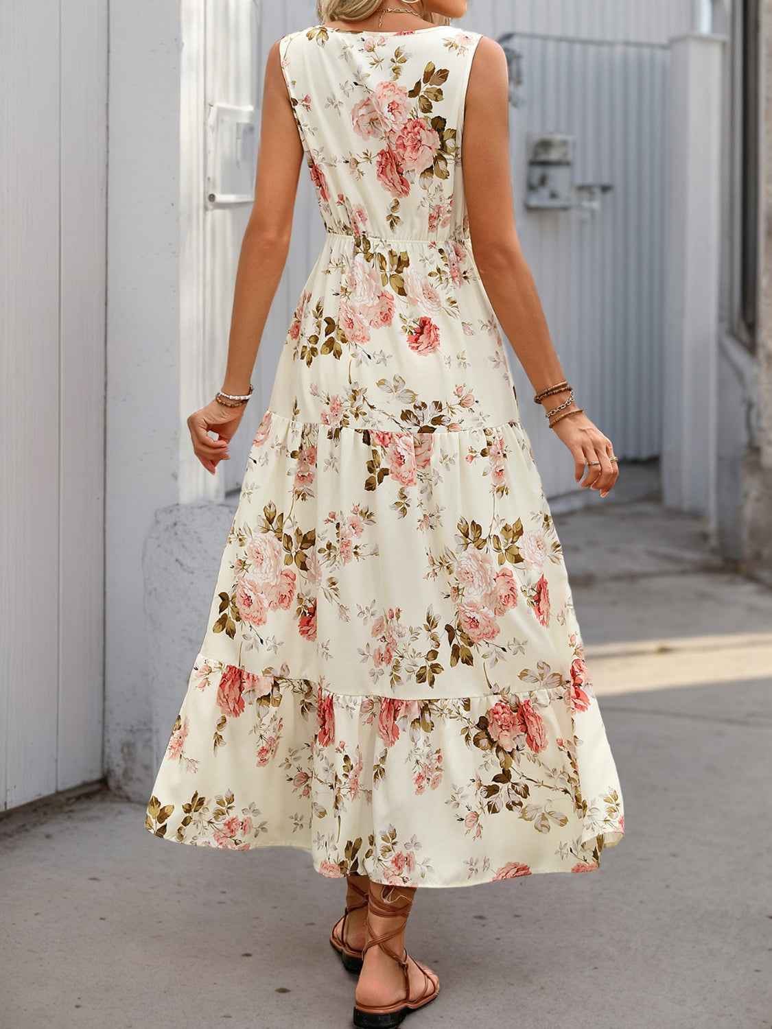 Printed Ruffled Hem Dress - V-Neck Sleeveless Style