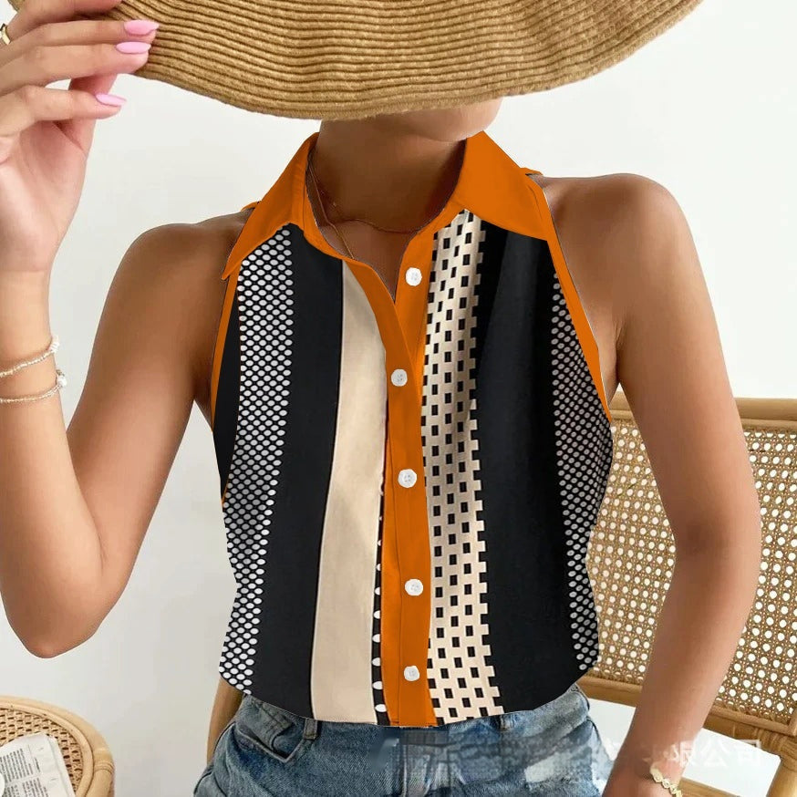 Fold Collar Sleeveless with Collar Women's Blouse