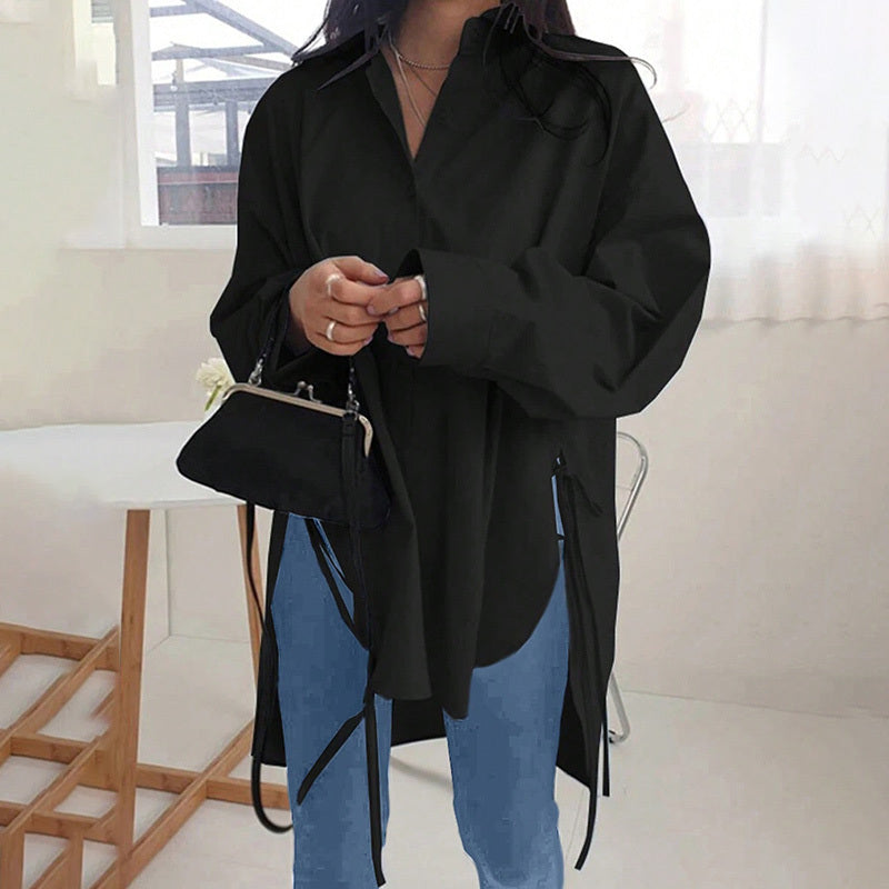 Loose-Fit Long Sleeve Shirt - Side Slit Tie Detail Button-Down Blouse, Solid Color Top