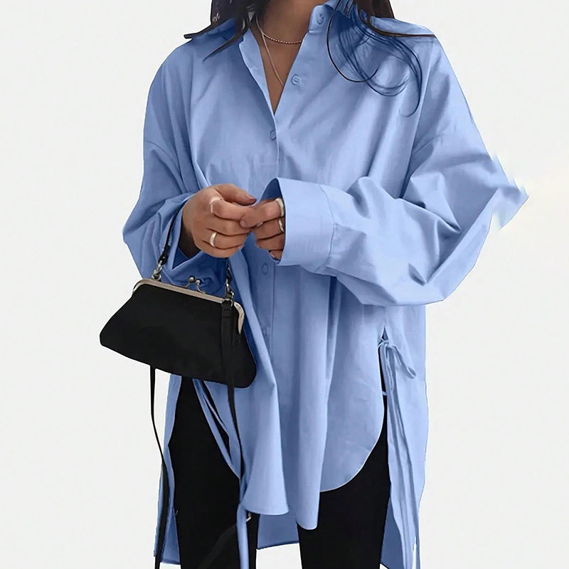 Loose-Fit Long Sleeve Shirt - Side Slit Tie Detail Button-Down Blouse, Solid Color Top
