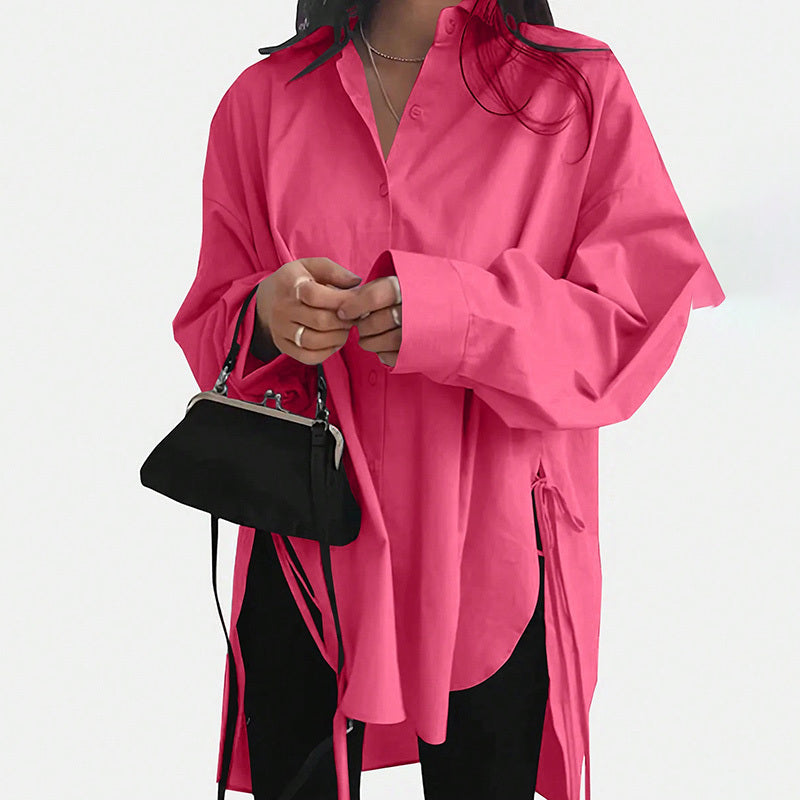 Loose-Fit Long Sleeve Shirt - Side Slit Tie Detail Button-Down Blouse, Solid Color Top
