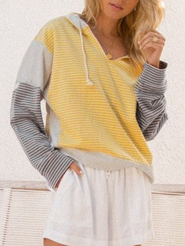 Cotton Stripe V Neck Loose Fit Hooded Pull Over