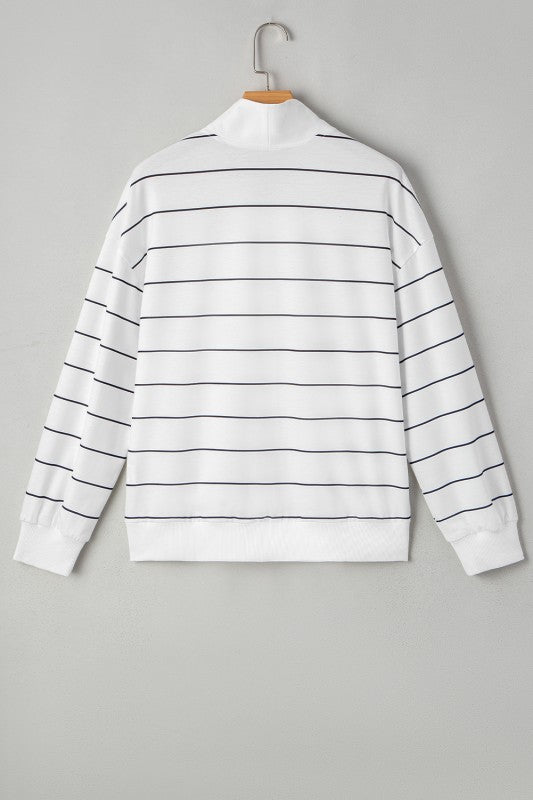 Classic Striped Zipper V-Neck Drop Sleeve Top