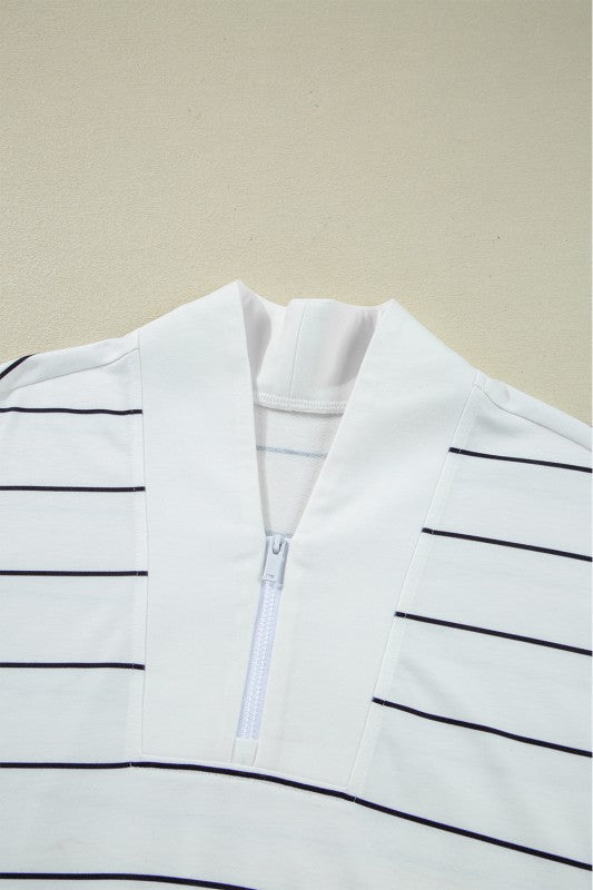 Classic Striped Zipper V-Neck Drop Sleeve Top