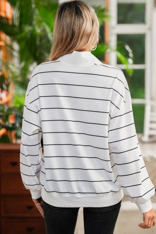 Classic Striped Zipper V-Neck Drop Sleeve Top