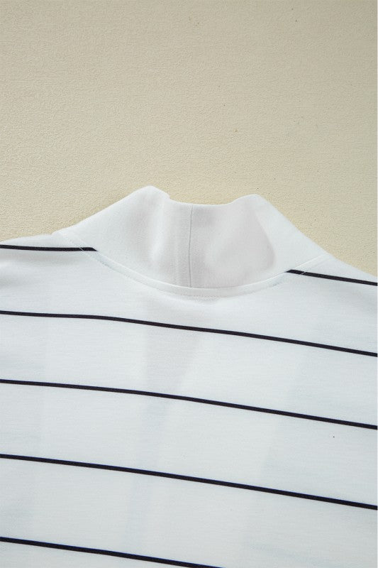 Classic Striped Zipper V-Neck Drop Sleeve Top