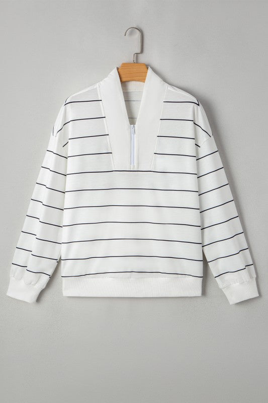 Classic Striped Zipper V-Neck Drop Sleeve Top
