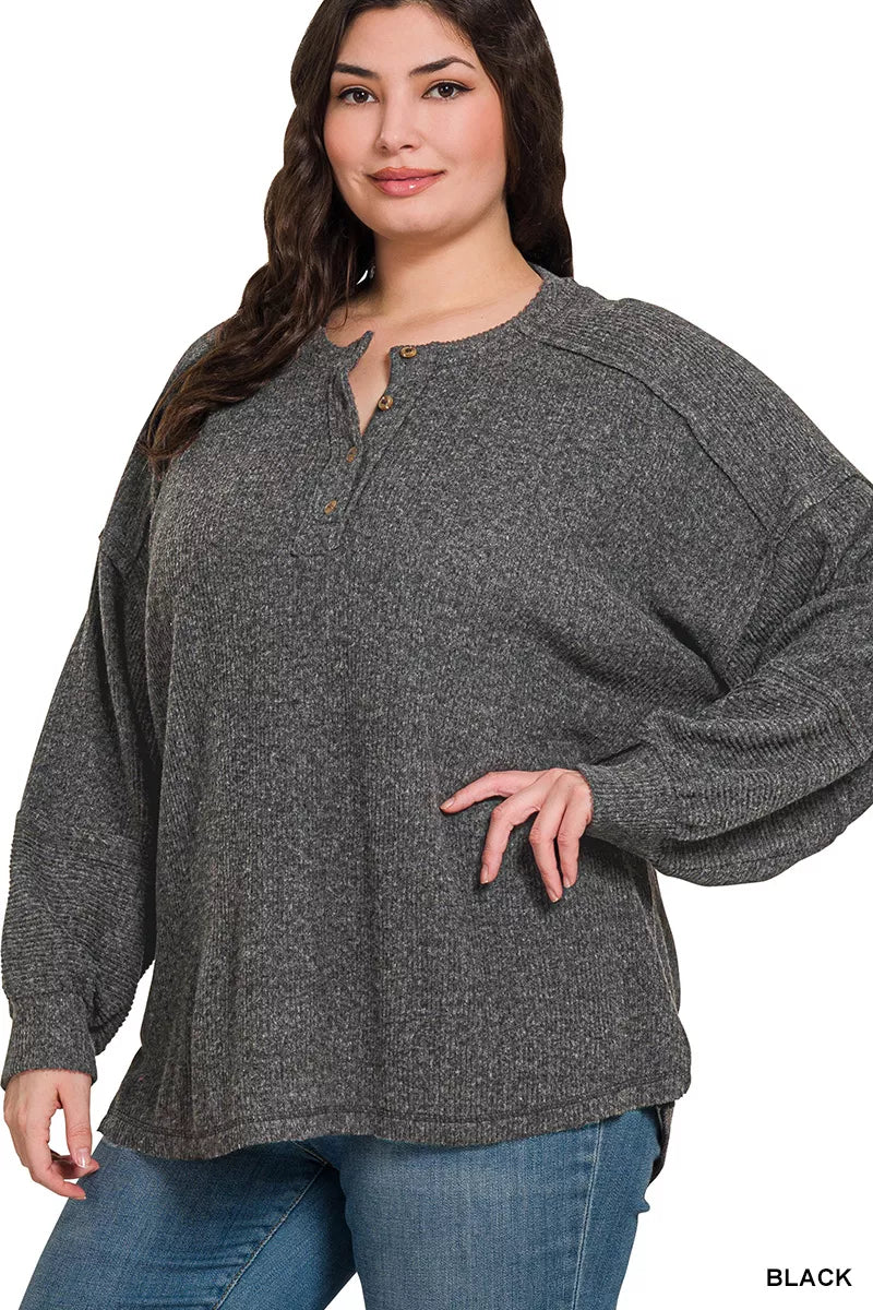 Ribbed Brushed Hacci Melange Henley Sweater Plus Size