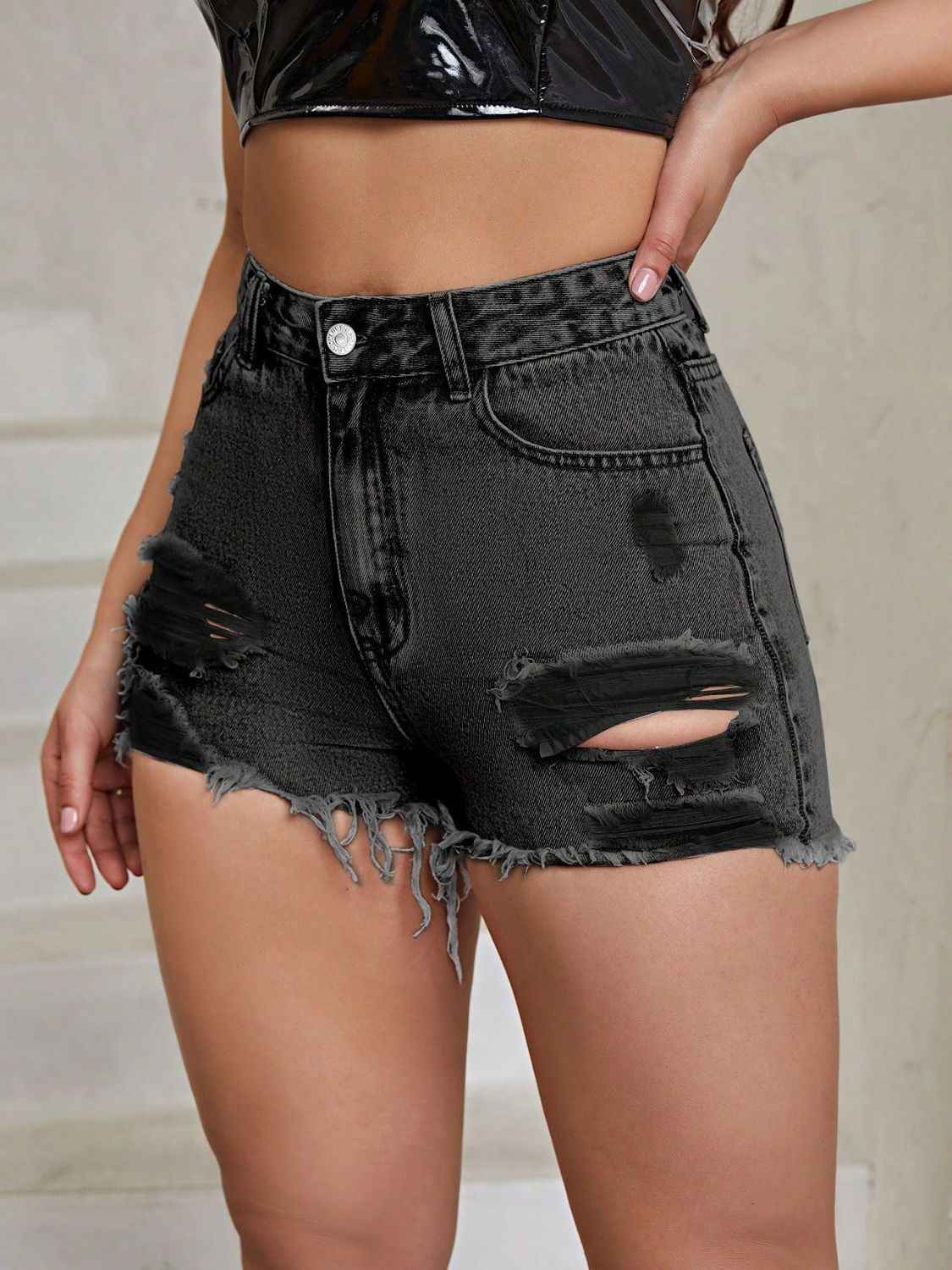 Distressed High Rise Denim Shorts with Raw Hem