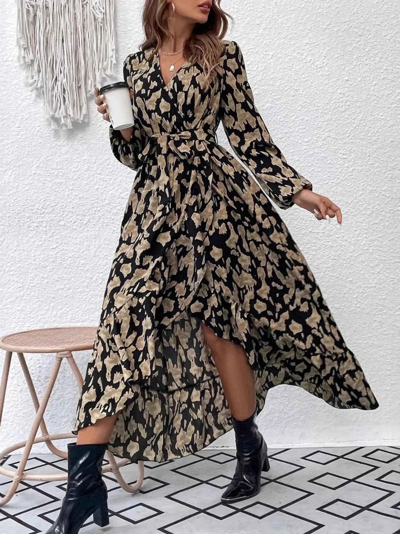 Leopard Surplice Balloon Sleeve Dress