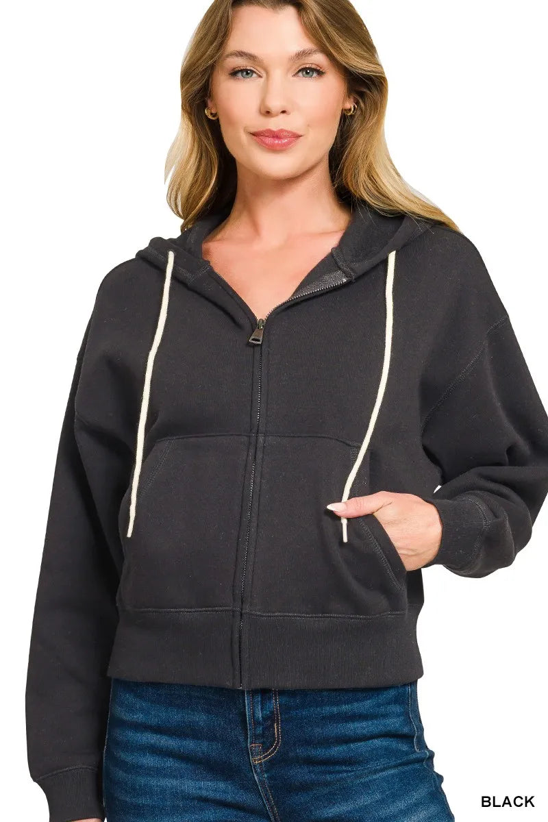 Fleece Cropped Zip-up Hoodie with Pockets