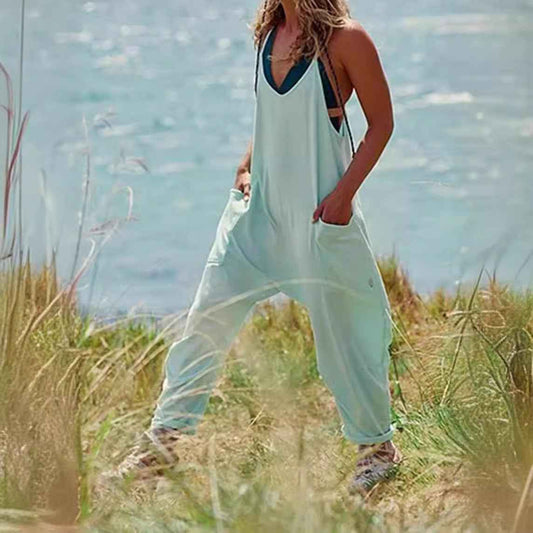 Women's Knitted One-Piece Trousers with Pocket and Spaghetti Straps