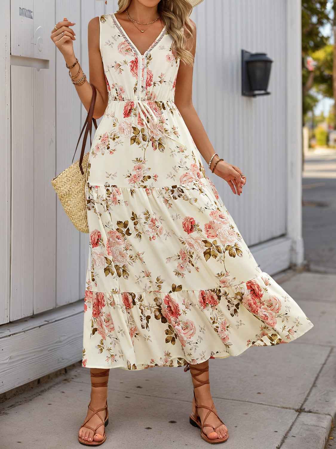 Printed Ruffled Hem Dress - V-Neck Sleeveless Style