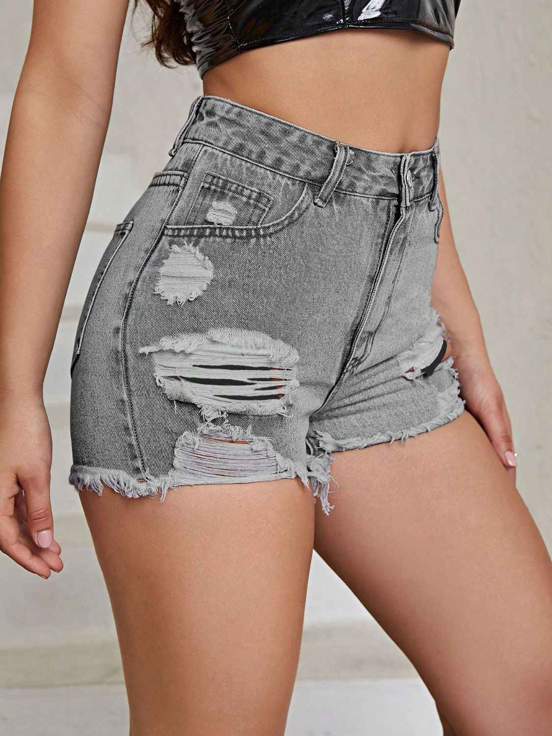 Distressed High Rise Denim Shorts with Raw Hem