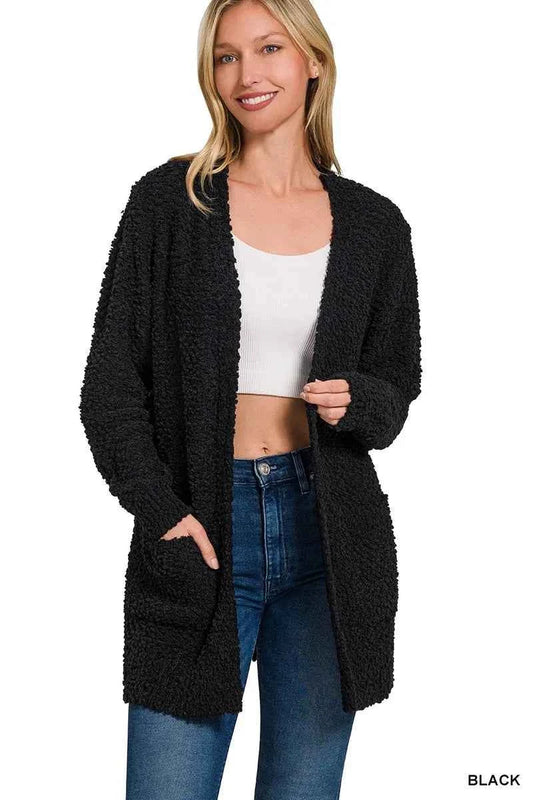 Zenana Long Sleeve Popcorn Sweater Cardigan with Pockets