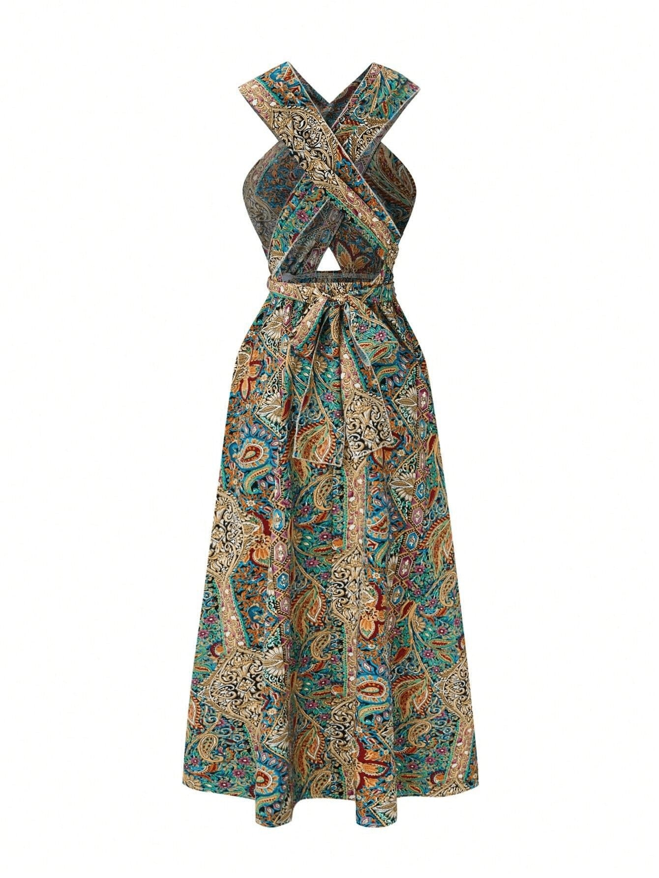 Maxi Dress with Tie Detail - High Waisted Cross Halter Neck, Flowing Teal & Brown Paisley Vacation Gown, Machine Washable Summer Fashion
