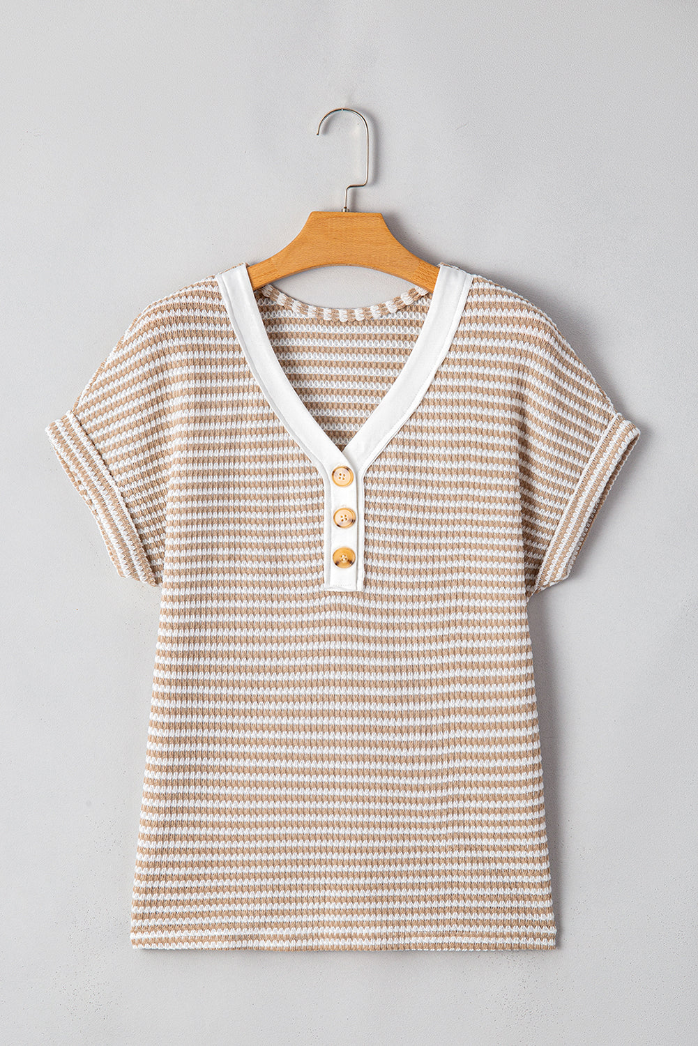 Khaki Striped Button Front V Neck Knitted Women's Top