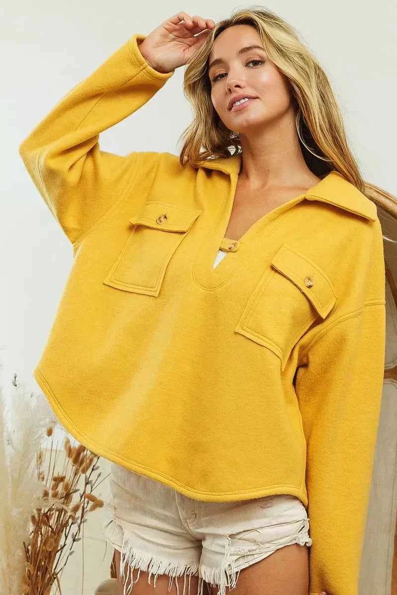 BiBi Fleece Collared Sweatshirt with Flap Pockets for Women