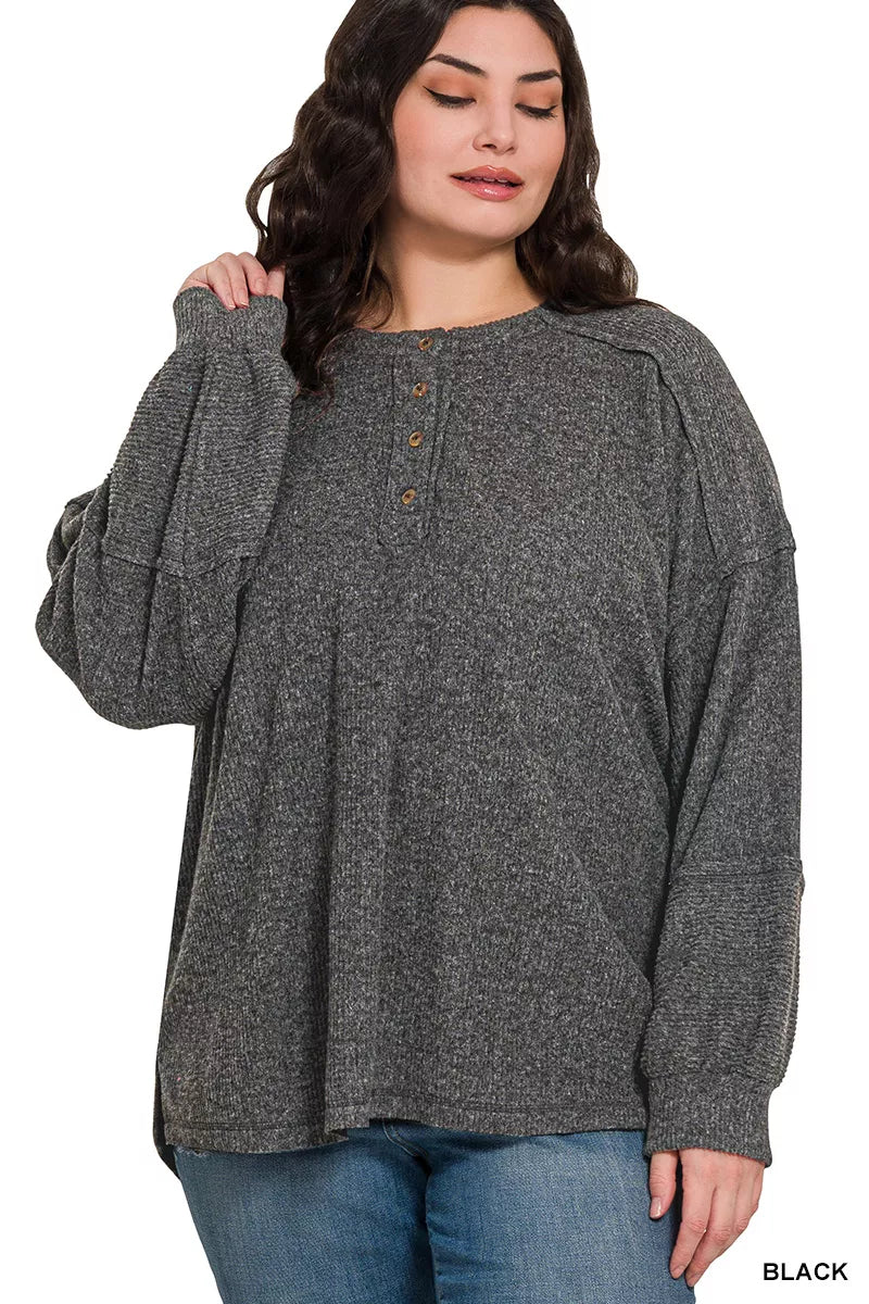 Ribbed Brushed Hacci Melange Henley Sweater Plus Size