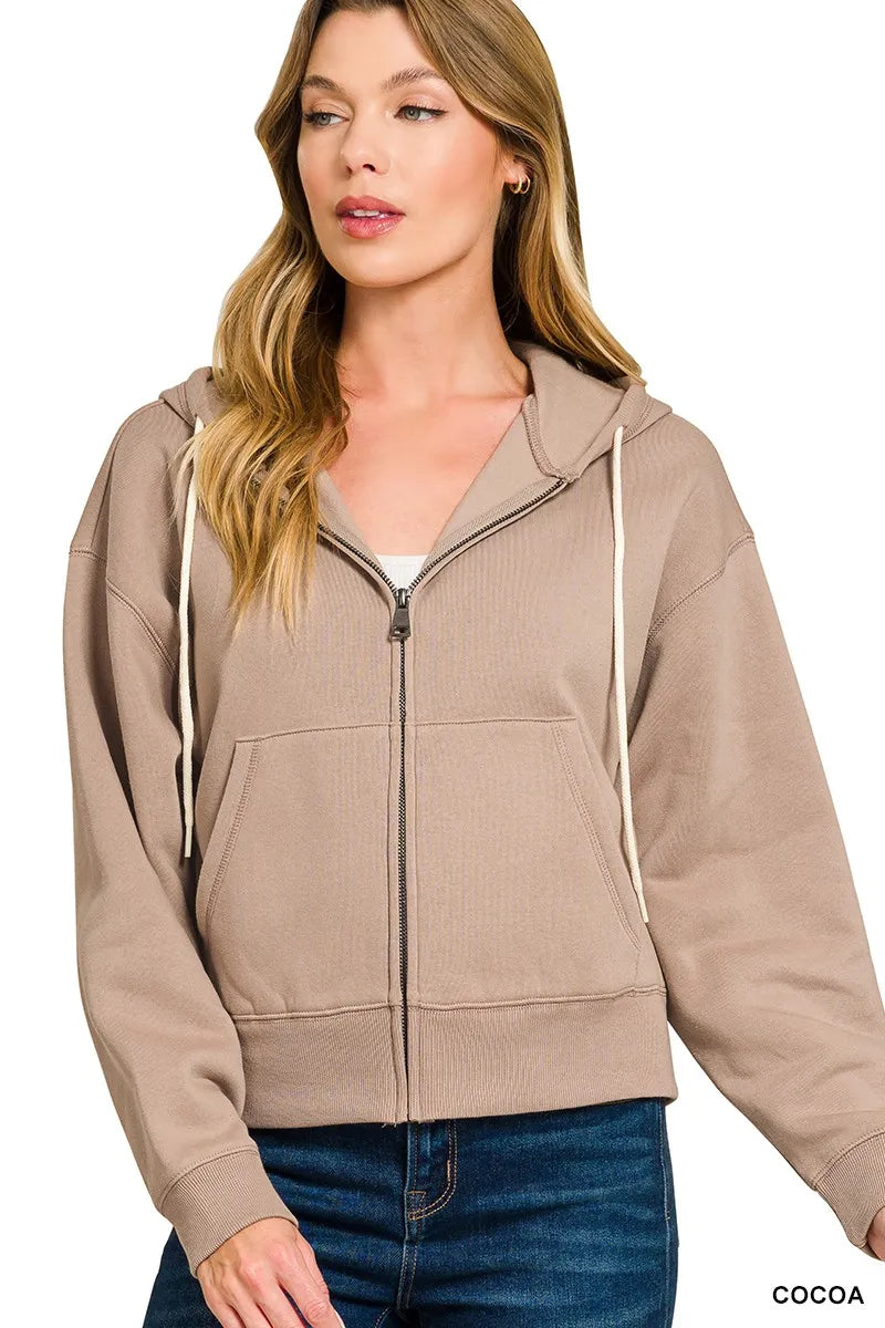 Fleece Cropped Zip-up Hoodie with Pockets