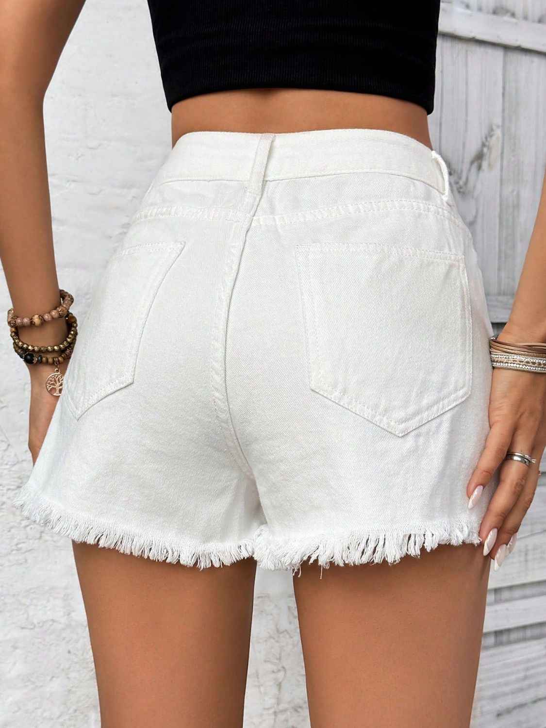 Distressed High Rise Denim Shorts with Raw Hem