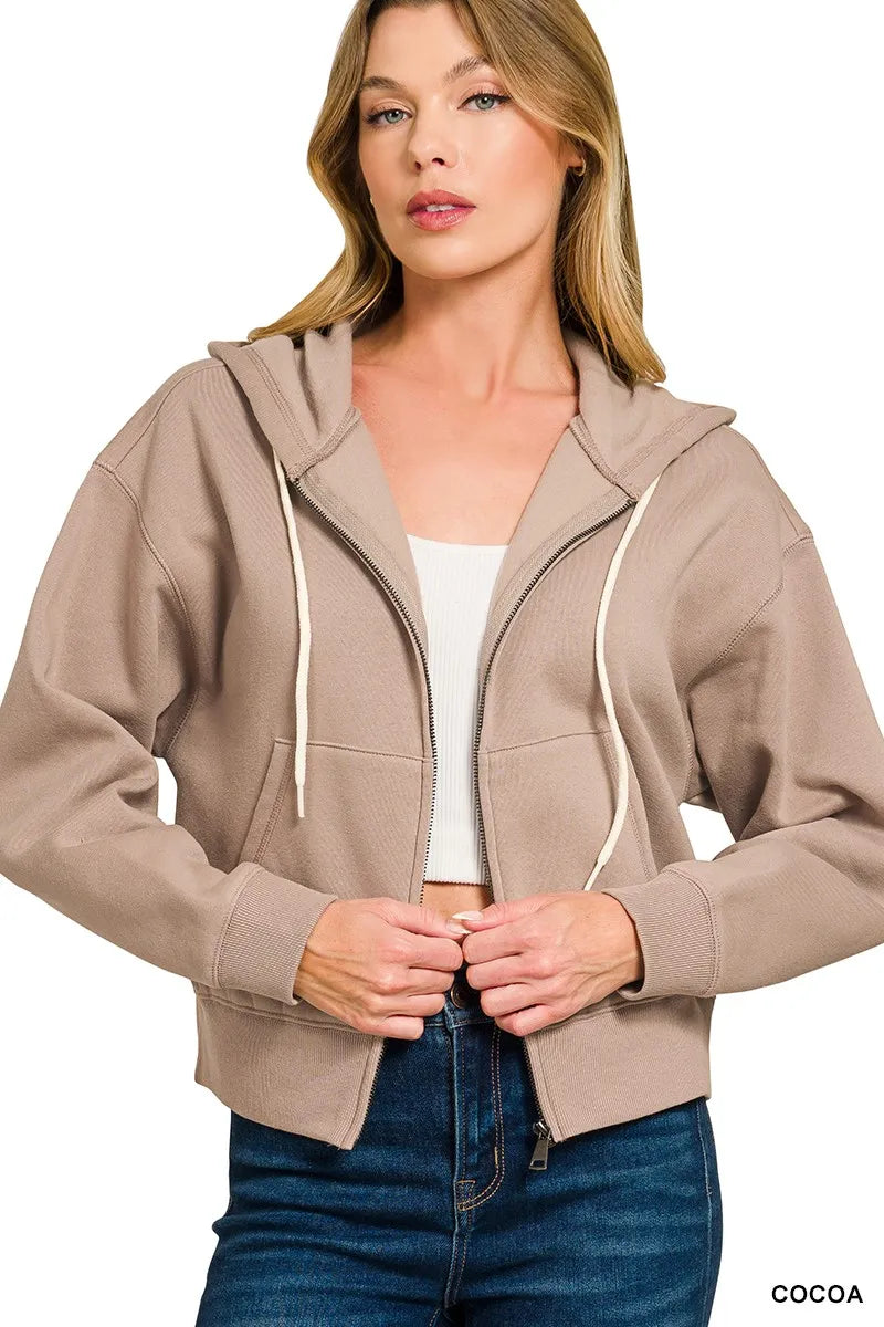 Fleece Cropped Zip-up Hoodie with Pockets