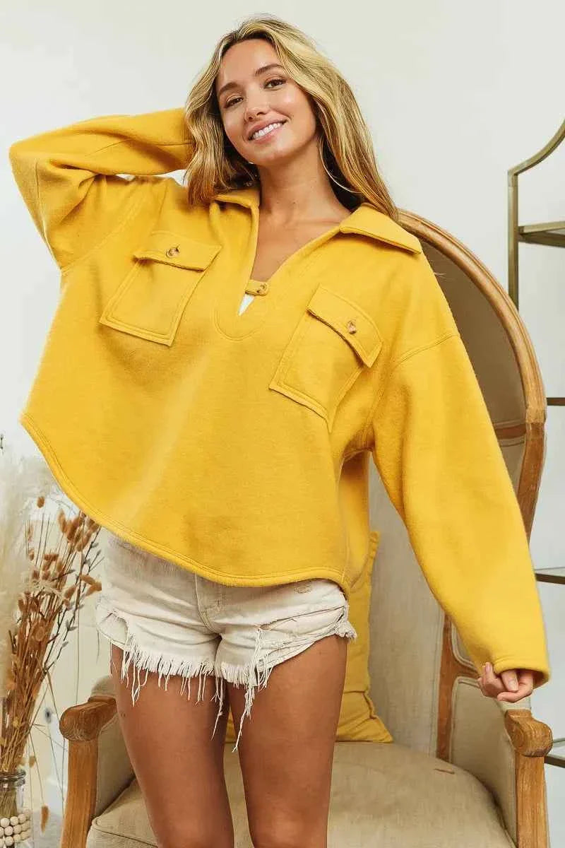 BiBi Fleece Collared Sweatshirt with Flap Pockets for Women