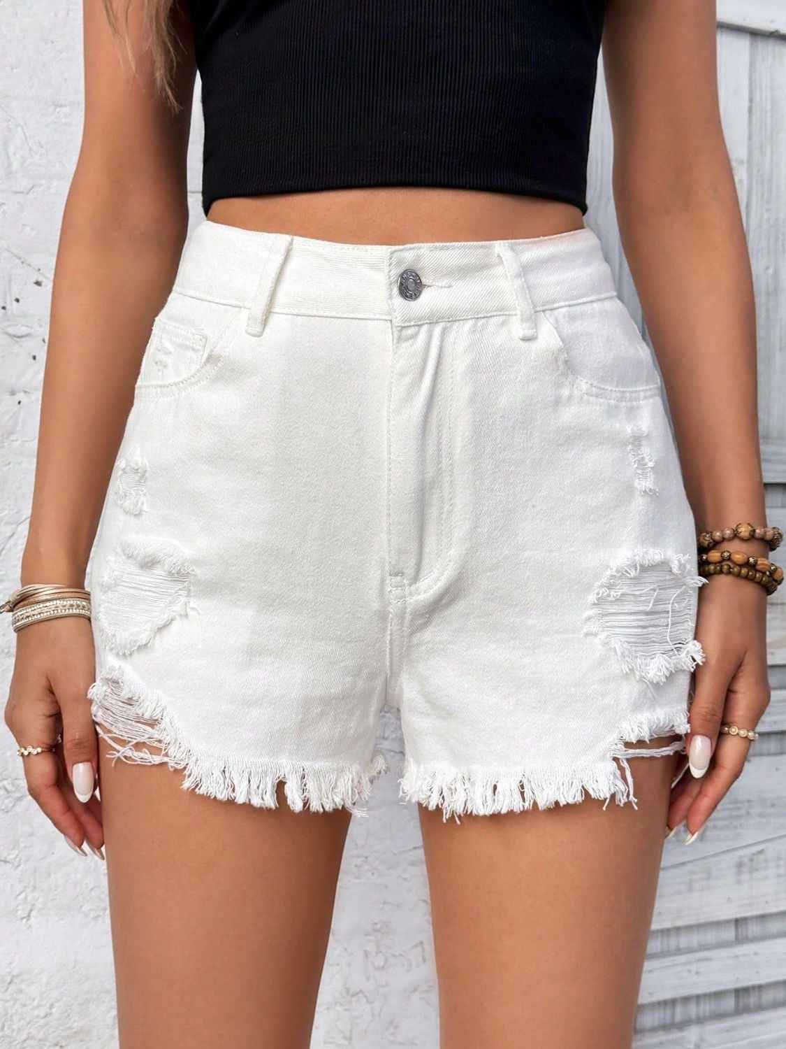 Distressed High Rise Denim Shorts with Raw Hem