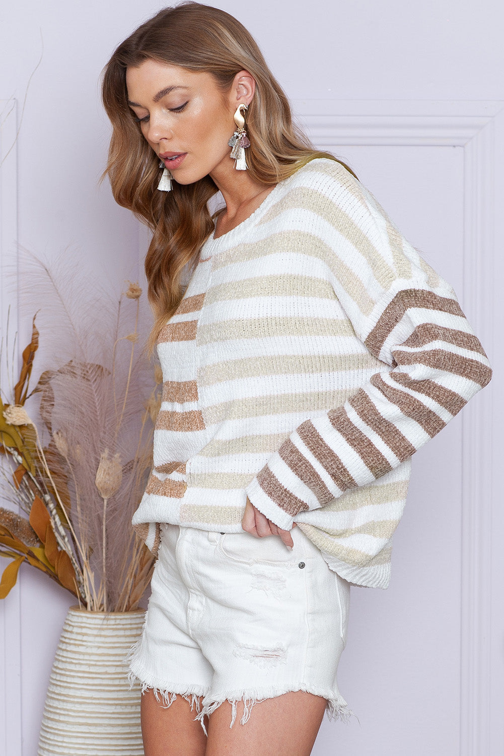 Color Block Drop Shoulder Pullover Striped Sweater Women's Top