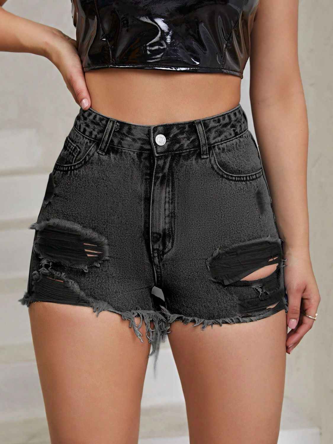 Distressed High Rise Denim Shorts with Raw Hem