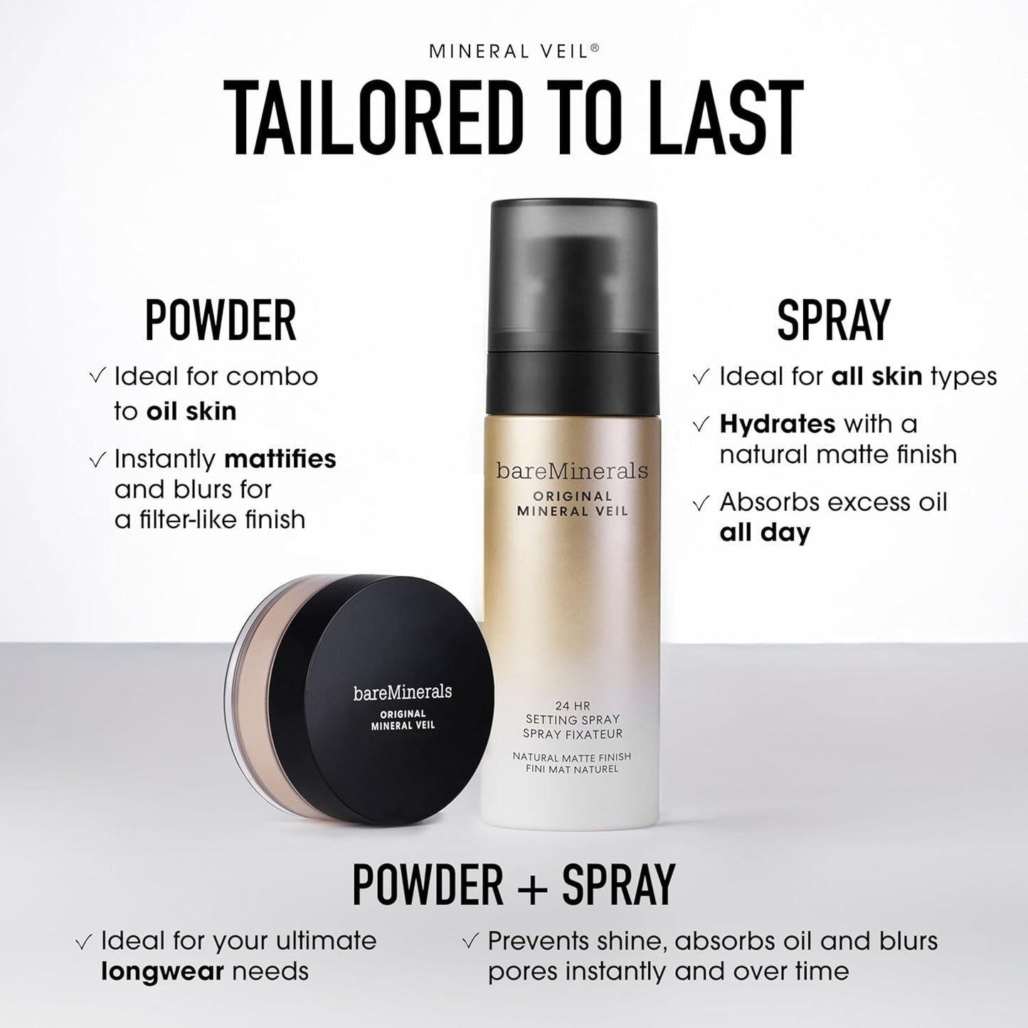 bareMinerals Original Mineral Veil Natural Matte Setting Spray, 24HR Makeup Lock & Oil Control, Alcohol-Free, Sweat & Transfer-Proof, Ultra-Fine Mist for Smooth, Matte Finish